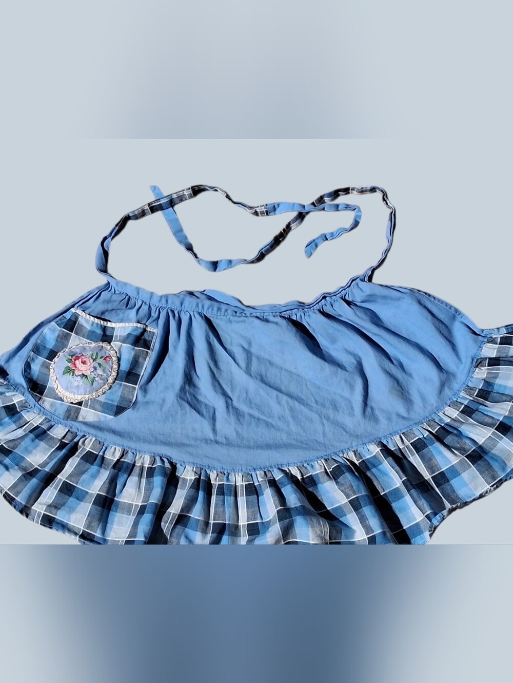 Vintage 1950s Blue Plaid Trim Casual Women's Apron with Pocket - Handstitched